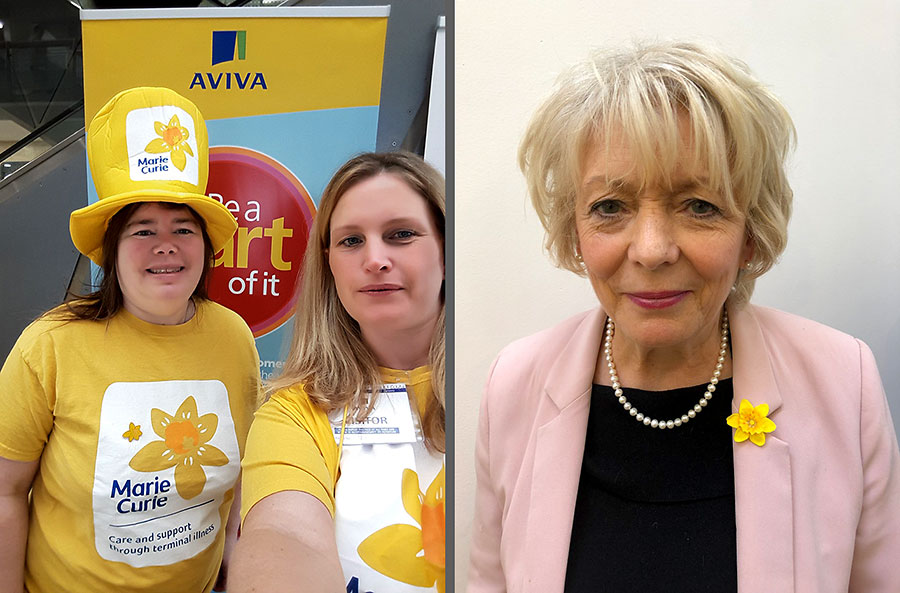 Composite photo of (1) two volunteers and (2) Alison Steadman.