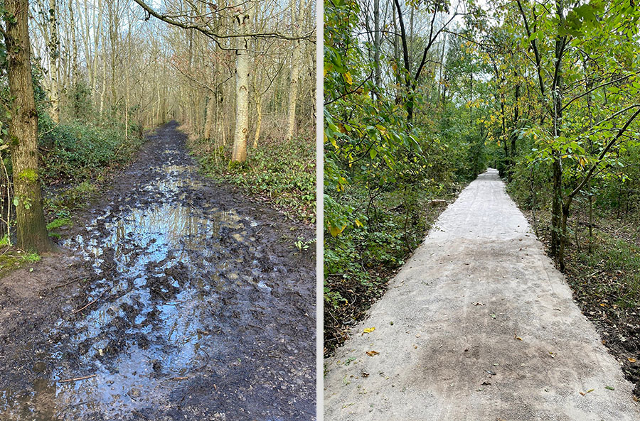 Composite photo showing before and after views of a path.