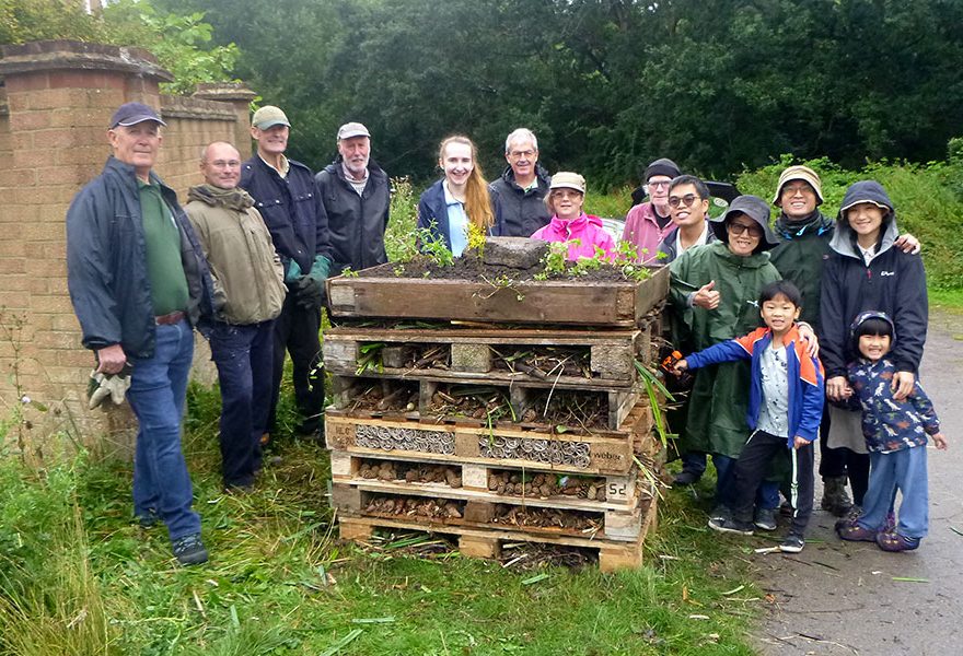 Photo of a group of people standing around a bug hotel constructed from wooden pallets.