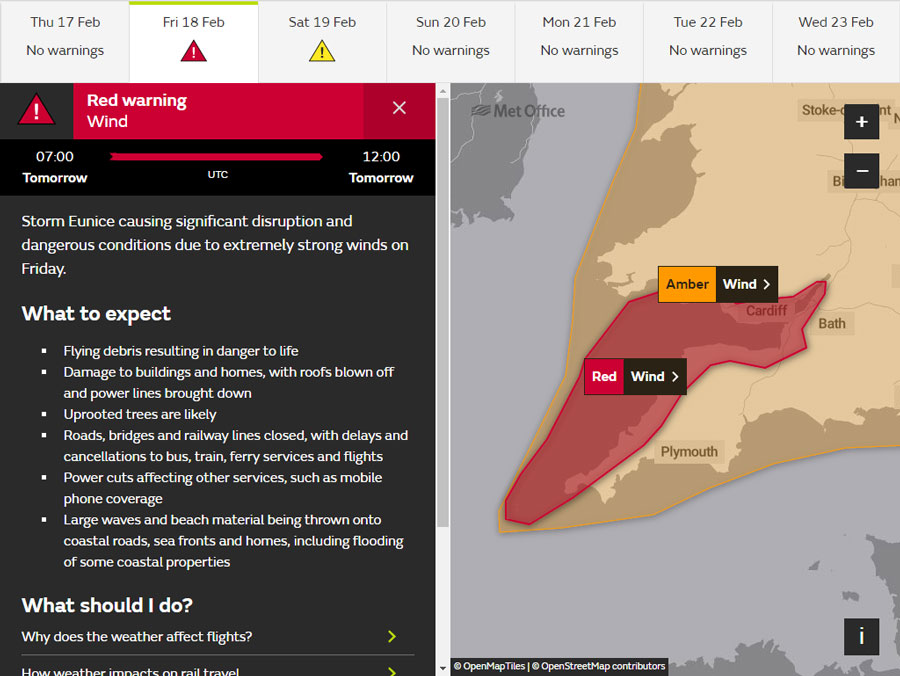 Screenshot of a Met Office weather warning.