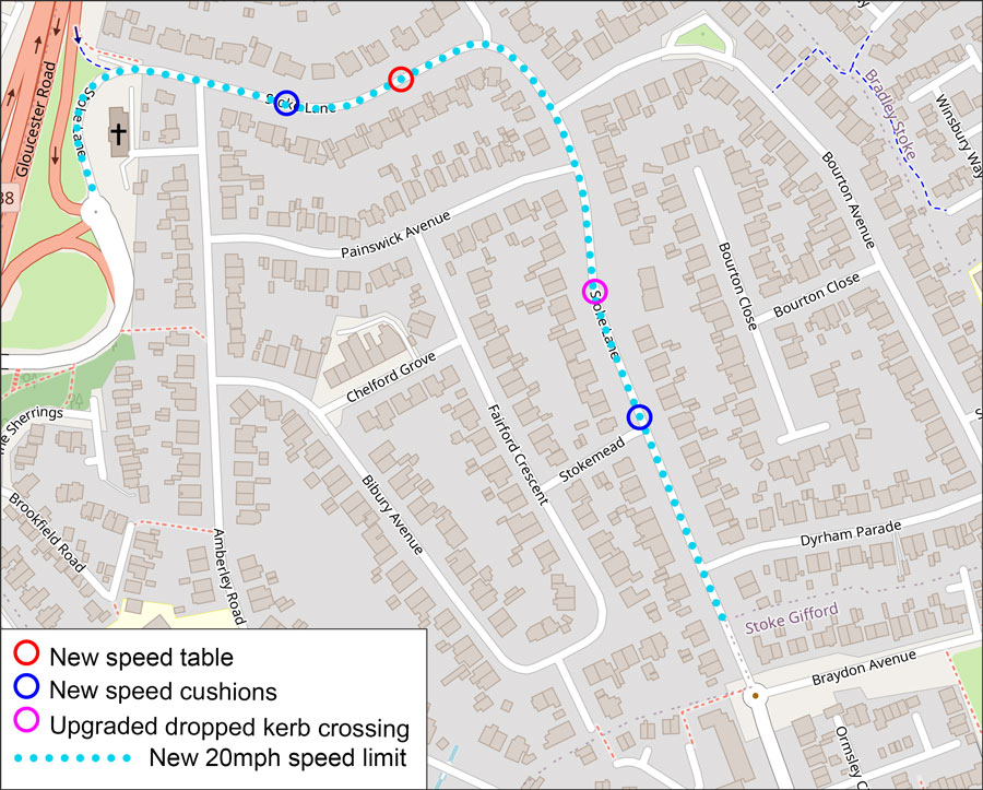 Map showing locations of new traffic calming measures and extent of a new 20mph speed limit.