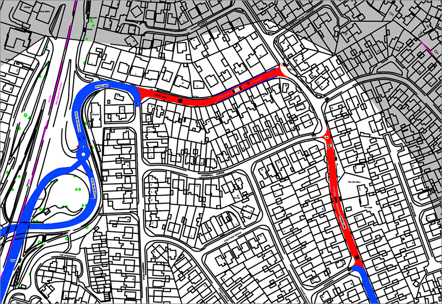 Map showing extent of road closures.