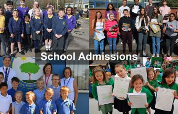 Collage of photos showing school children overlaid with the text 'School Admissions'.