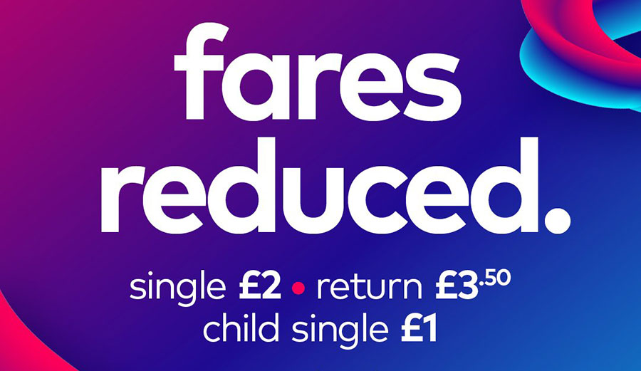 Advertising image showing the words "fares reduced".