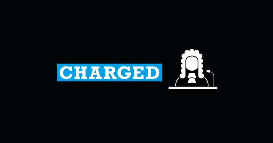 Graphic showing image of a judge and the word 'charged'.