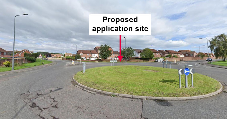 Annotated photo of a proposed mobile phone mast site.