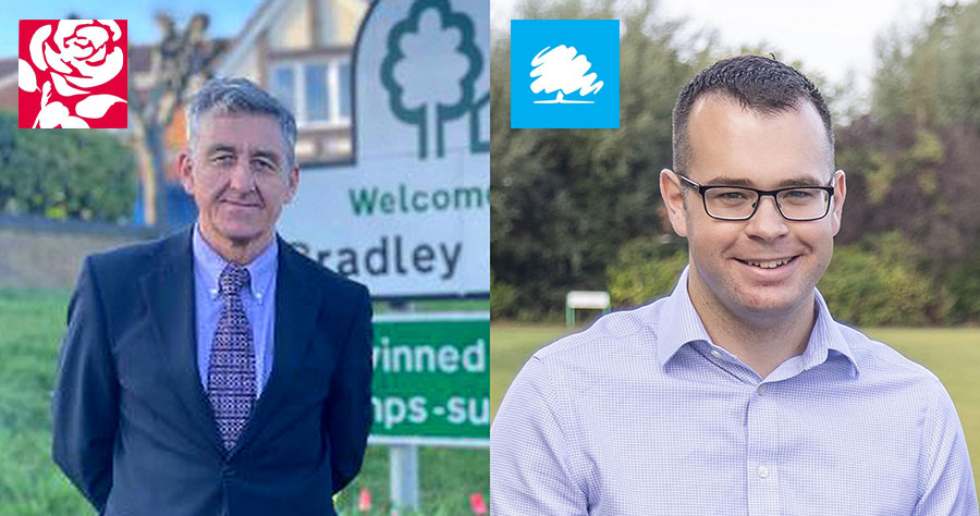 Photo of two election candidates with party logos superimposed.