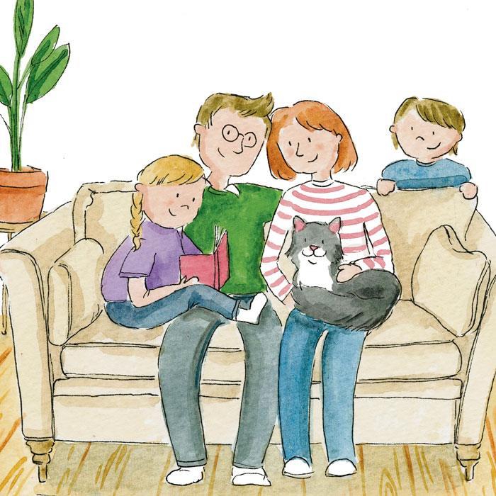 Illustration of a family with their pet cat.