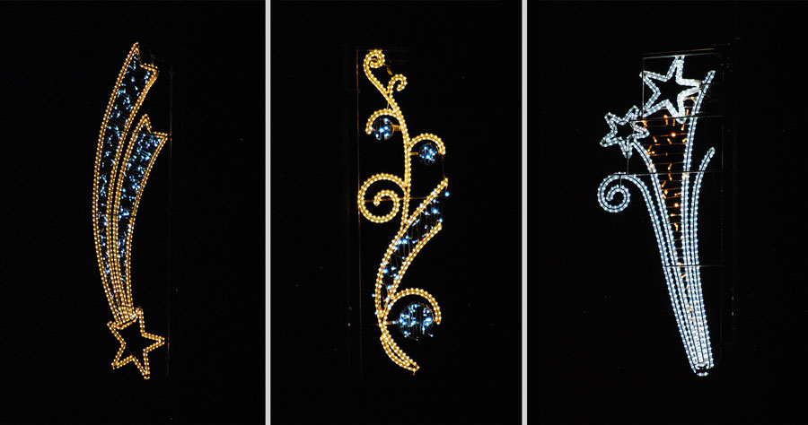 Composite image of three Christmas light motifs.