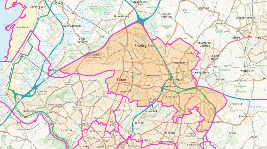 Boundary map of the Filton and Bradley Stoke parliamentary constituency (2024).