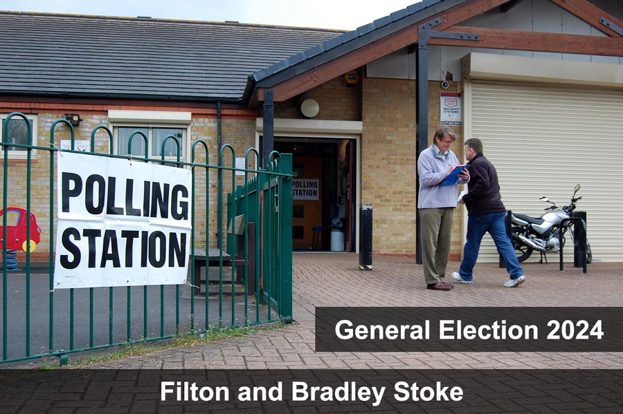 Photo of a teller outside a polling station. Image overlaid with the text "General Election 2024" and "Filton and Bradley Stoke".