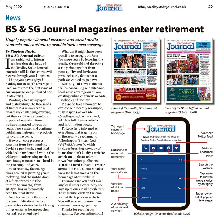 Image of a magazine article that has the headline 'BS & SG Journal magazines enter retirement'.